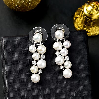 D'Joy Freshwater Pearl and Moissanite 0.10 ctw Earrings in Platinum Over Sterling Silver