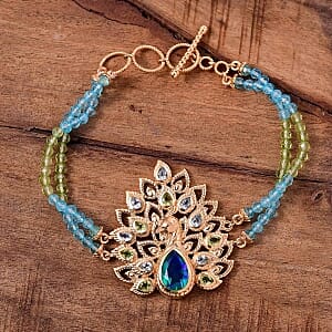 Peacock Triplet Quartz and Peridot 26.25 ctw Fancy Bracelet in 18K Vermeil Yellow Gold Over Sterling Silver (7.5 In) (20.37 g)