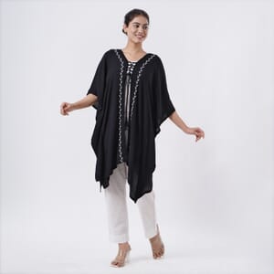 TAMSY Black Embroidered Kaftan with Open Front Neck Tie - One Size Fits Most