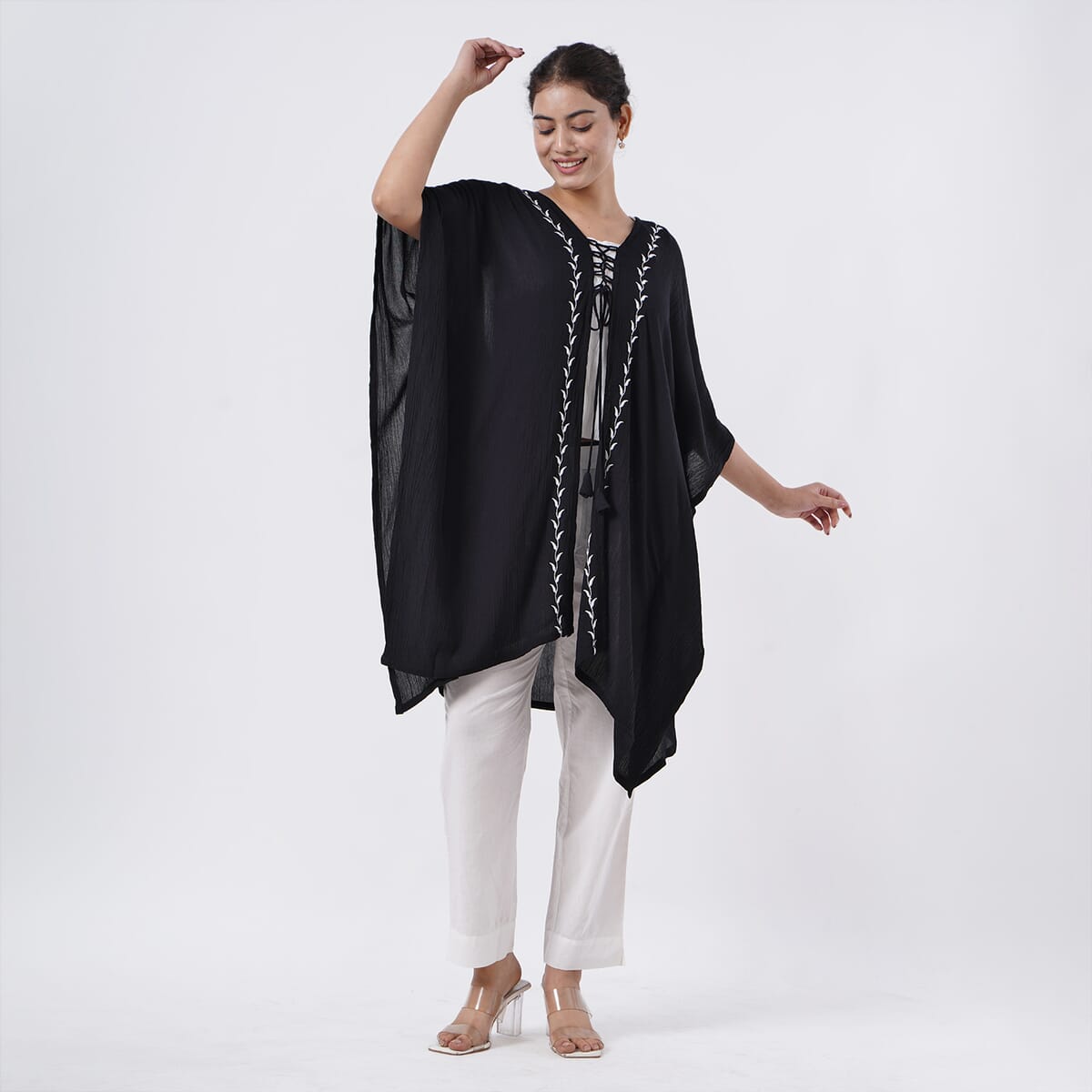 TAMSY Black Embroidered Kaftan with Open Front Neck Tie - One Size Fits Most image number 1