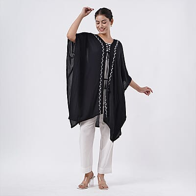 TAMSY Black Embroidered Kaftan with Open Front Neck Tie - One Size Fits Most