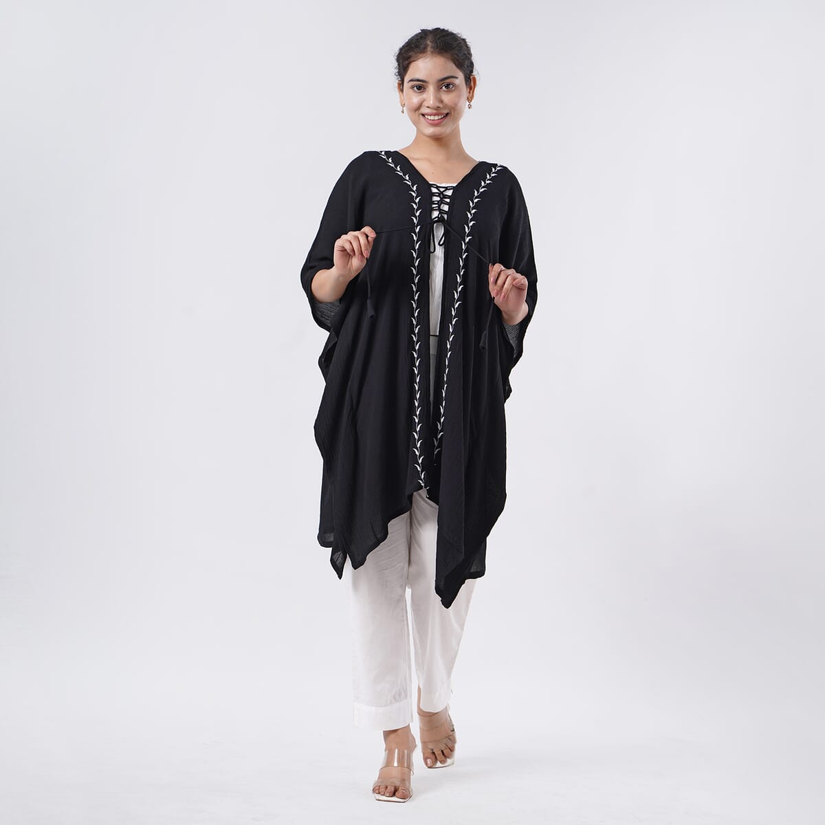 TAMSY Black Embroidered Kaftan with Open Front Neck Tie - One Size Fits Most image number 2