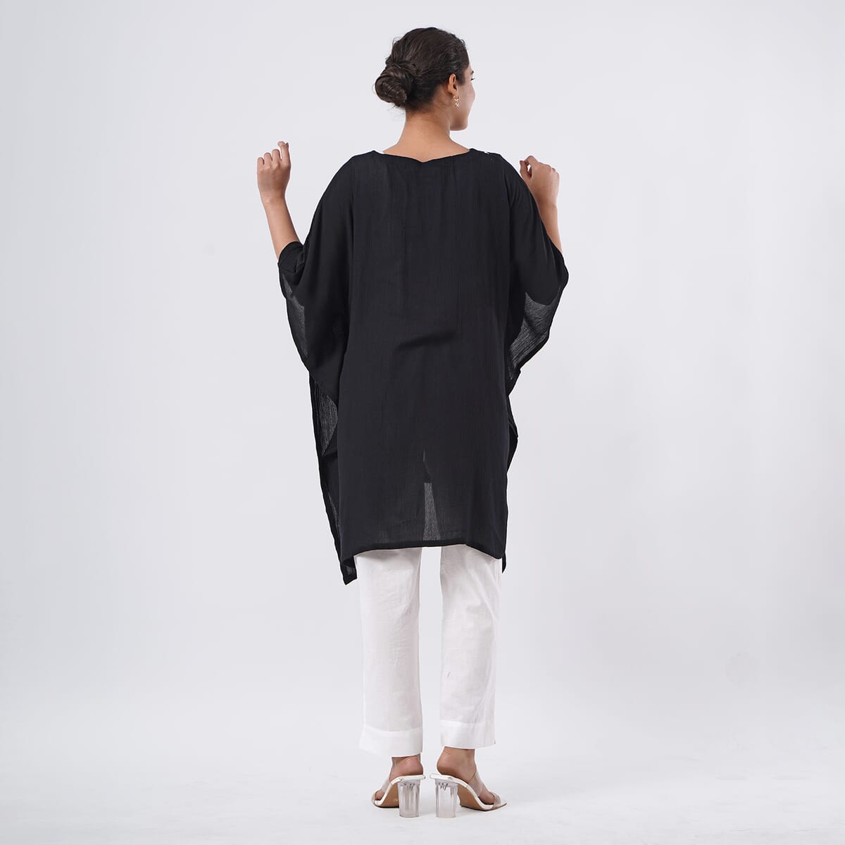 TAMSY Black Embroidered Kaftan with Open Front Neck Tie - One Size Fits Most image number 3