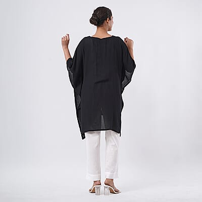 TAMSY Black Embroidered Kaftan with Open Front Neck Tie - One Size Fits Most
