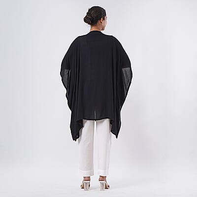 TAMSY Black Embroidered Kaftan with Open Front Neck Tie - One Size Fits Most