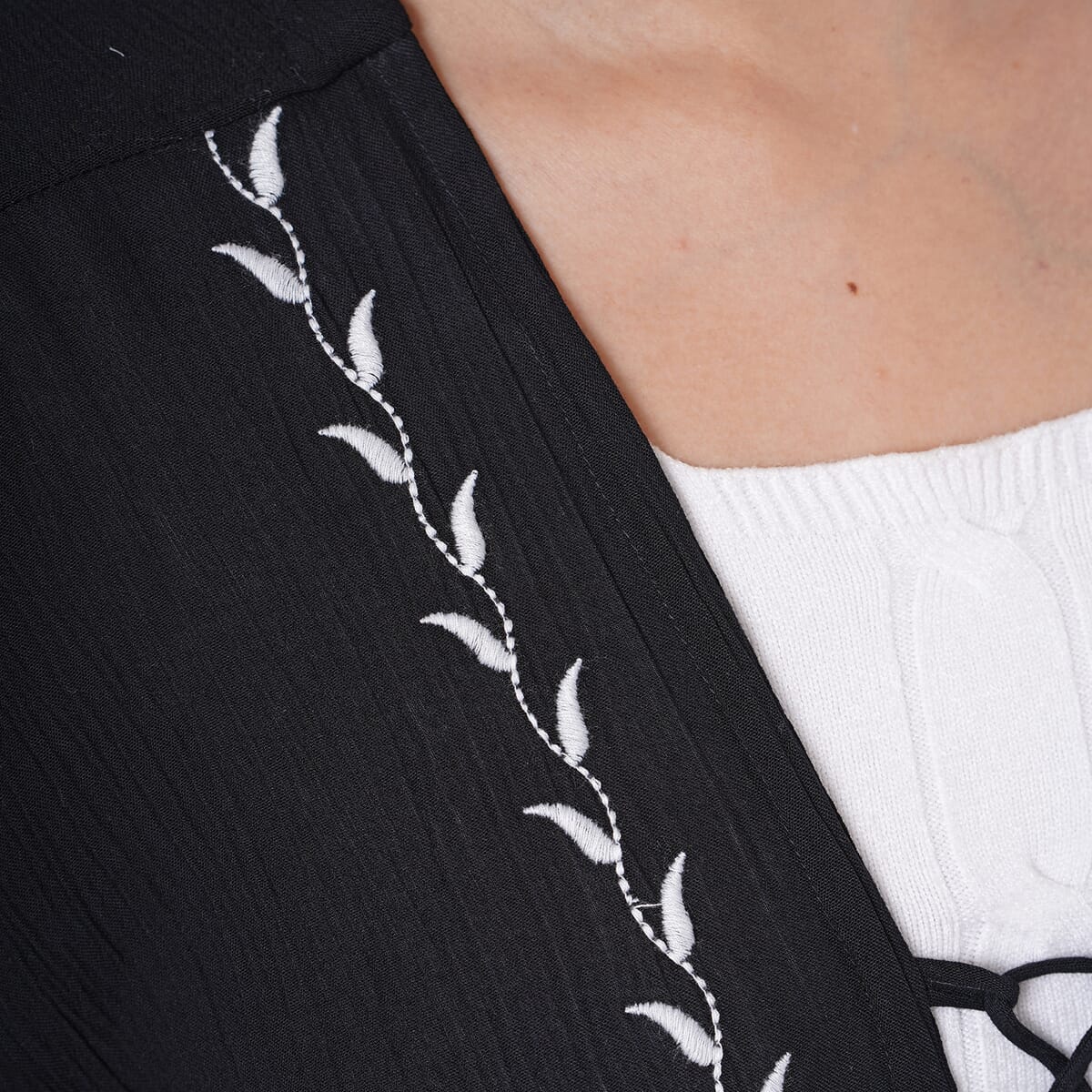 TAMSY Black Embroidered Kaftan with Open Front Neck Tie - One Size Fits Most image number 6