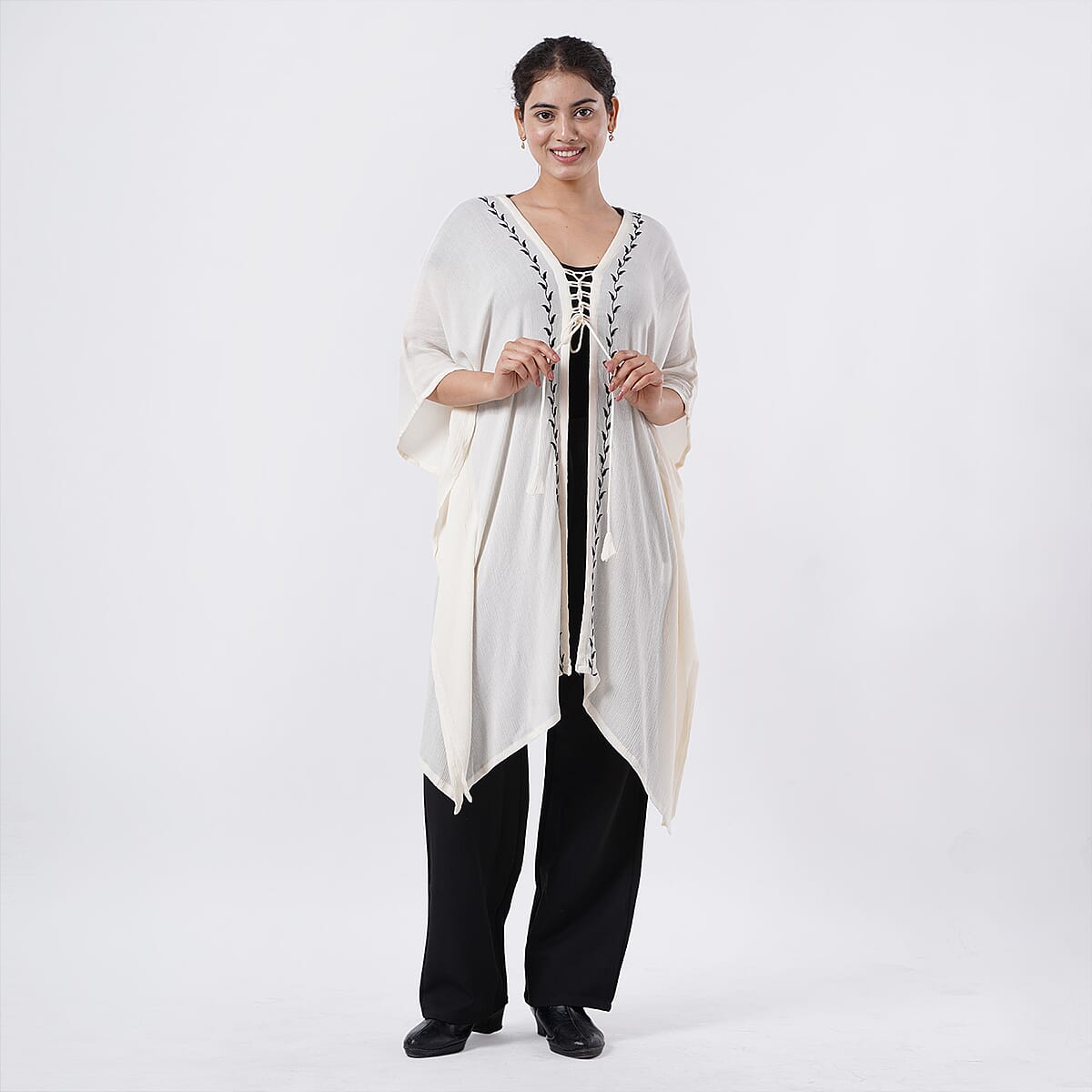 TAMSY White Embroidered Kaftan with Open Front Neck Tie - One Size Fits Most image number 0