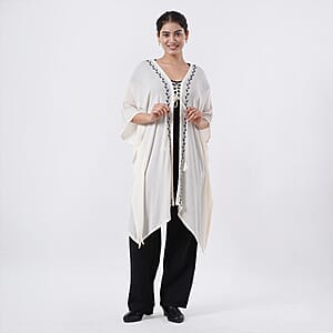 TAMSY White Embroidered Kaftan with Open Front Neck Tie - One Size Fits Most