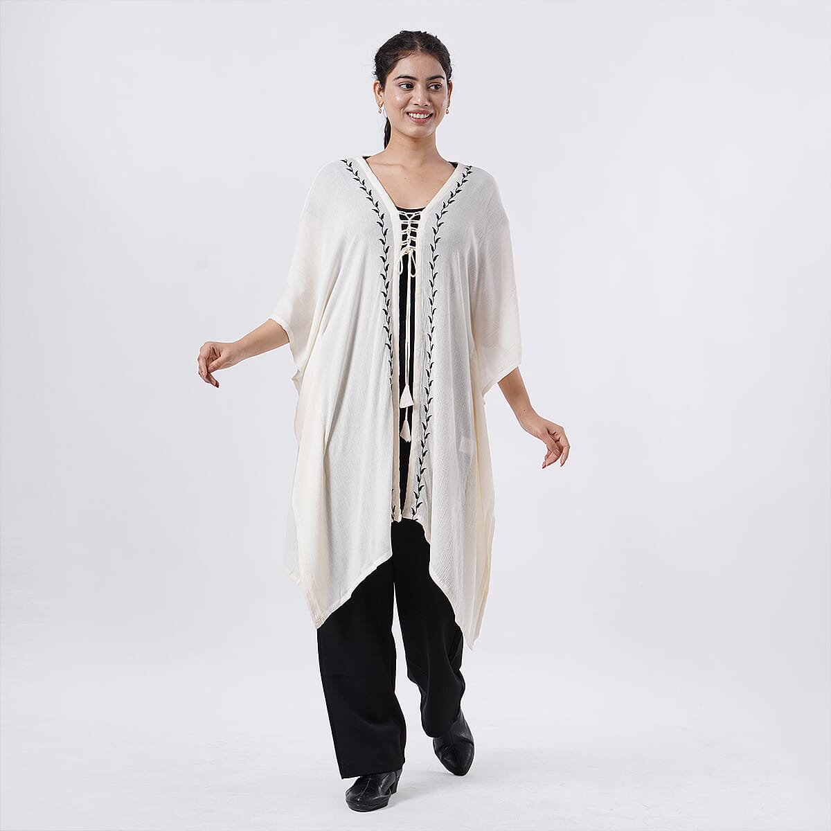 TAMSY White Embroidered Kaftan with Open Front Neck Tie - One Size Fits Most image number 1