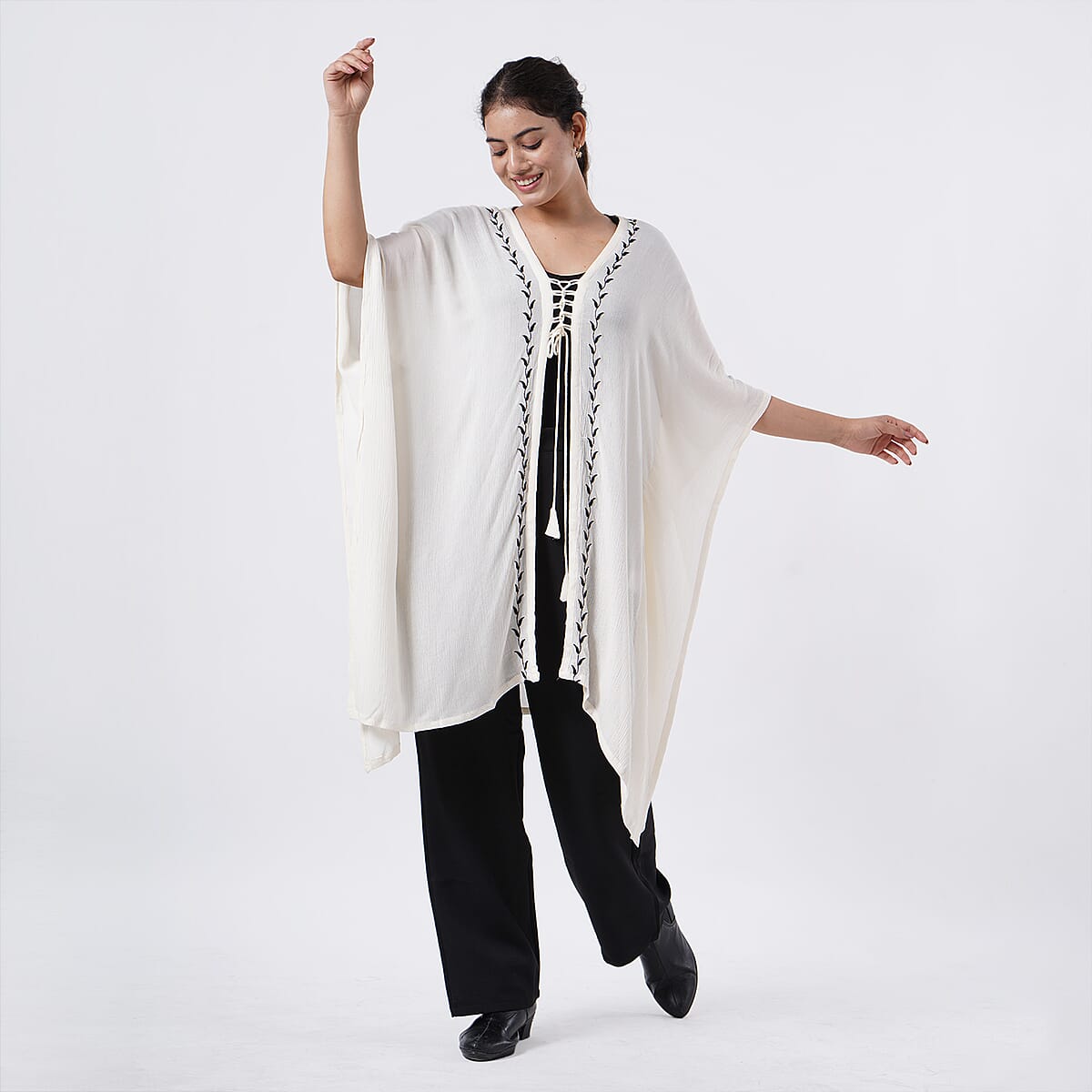 TAMSY White Embroidered Kaftan with Open Front Neck Tie - One Size Fits Most image number 2