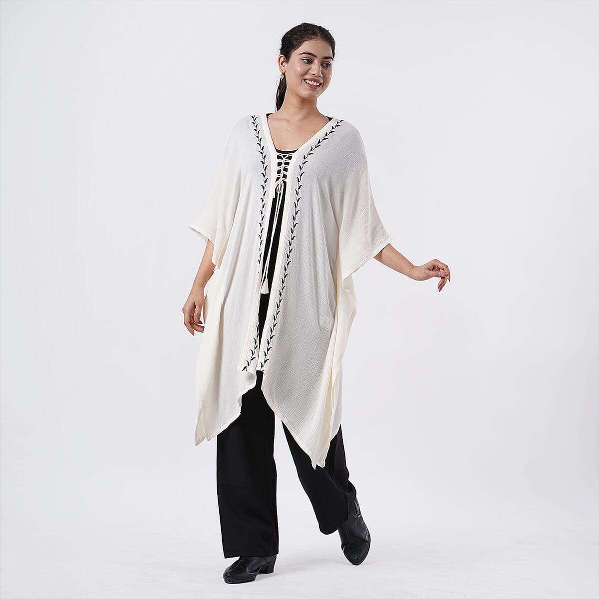 TAMSY White Embroidered Kaftan with Open Front Neck Tie - One Size Fits Most image number 3