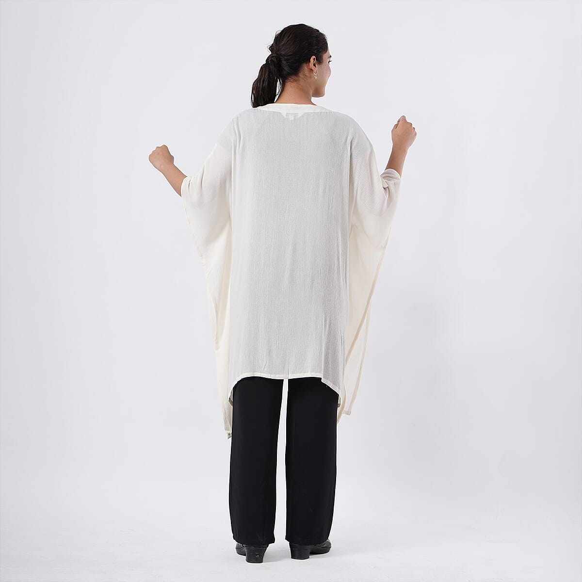 TAMSY White Embroidered Kaftan with Open Front Neck Tie - One Size Fits Most image number 4
