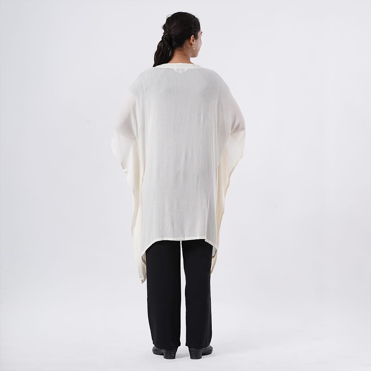 TAMSY White Embroidered Kaftan with Open Front Neck Tie - One Size Fits Most image number 5