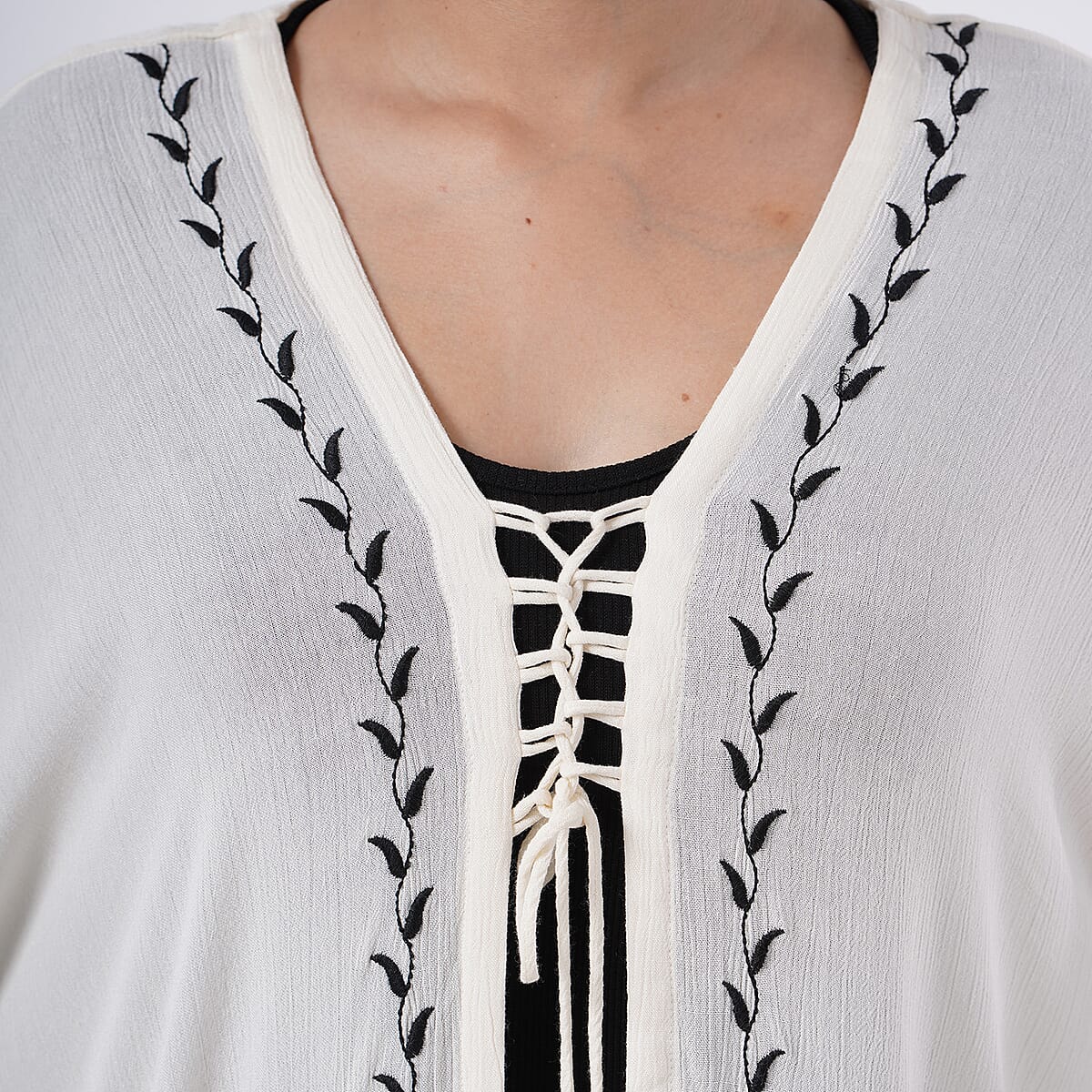 TAMSY White Embroidered Kaftan with Open Front Neck Tie - One Size Fits Most image number 6