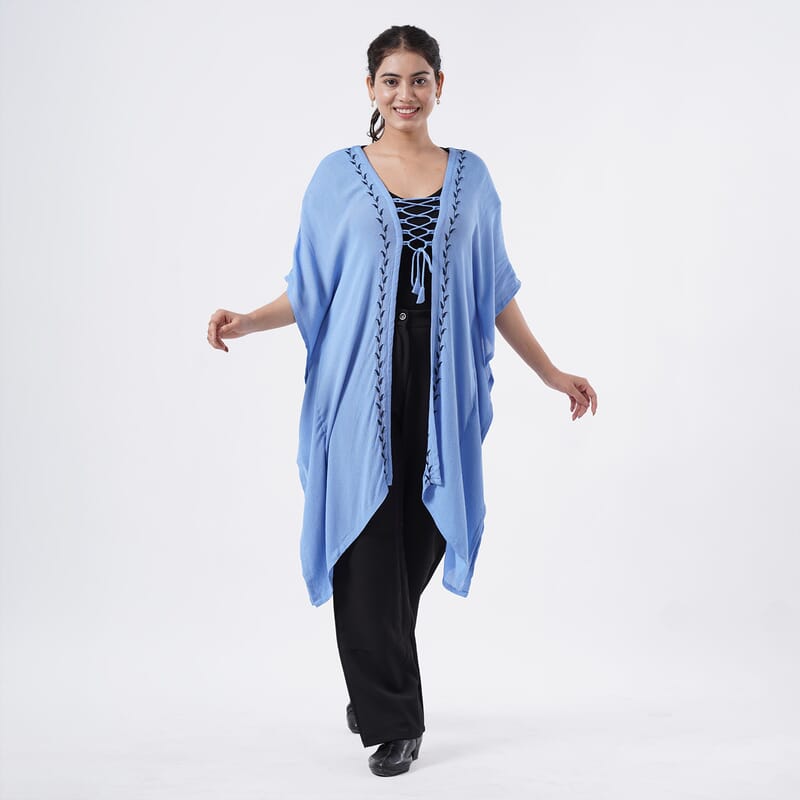 TAMSY Light Blue Embroidered Kaftan with Open Front Neck Tie - One Size Fits Most