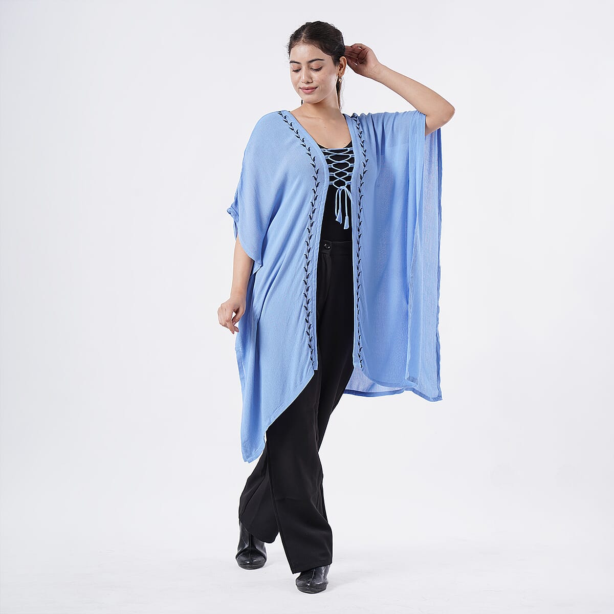 TAMSY Light Blue Embroidered Kaftan with Open Front Neck Tie - One Size Fits Most image number 1