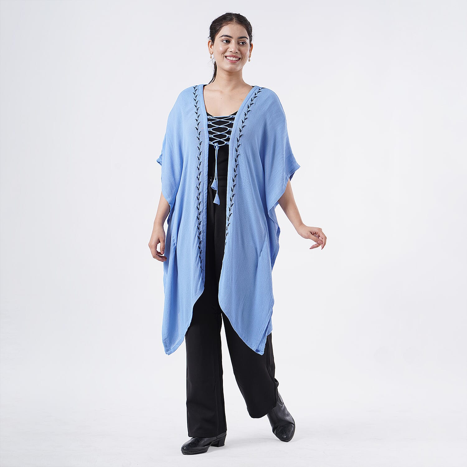 TAMSY Light Blue Embroidered Kaftan with Open Front Neck Tie - One Size Fits Most