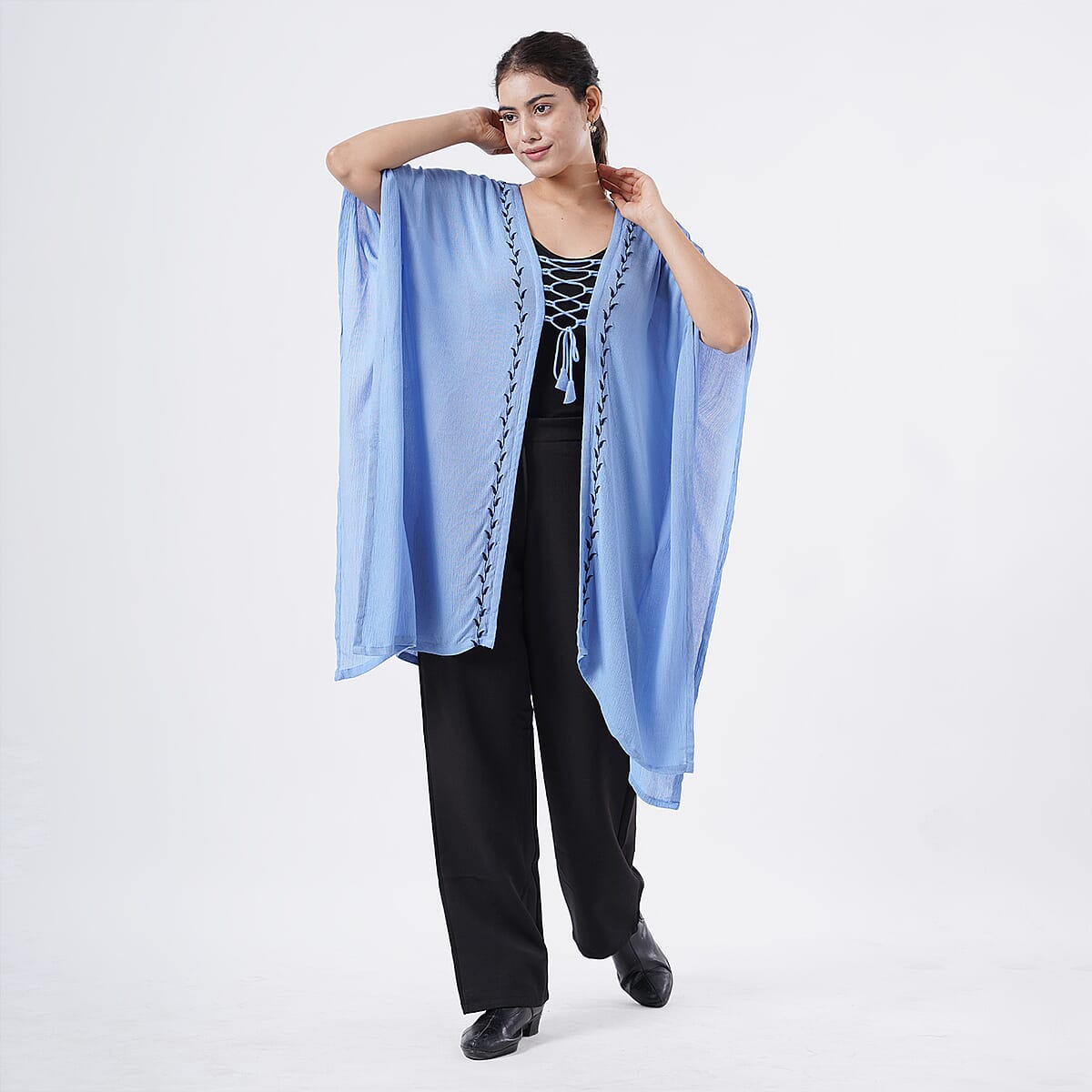 TAMSY Light Blue Embroidered Kaftan with Open Front Neck Tie - One Size Fits Most image number 3