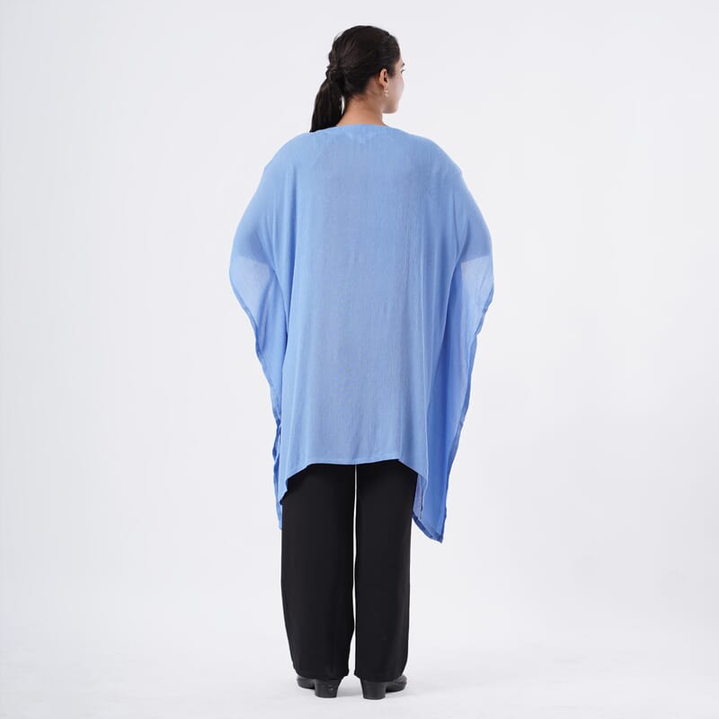 TAMSY Light Blue Embroidered Kaftan with Open Front Neck Tie - One Size Fits Most