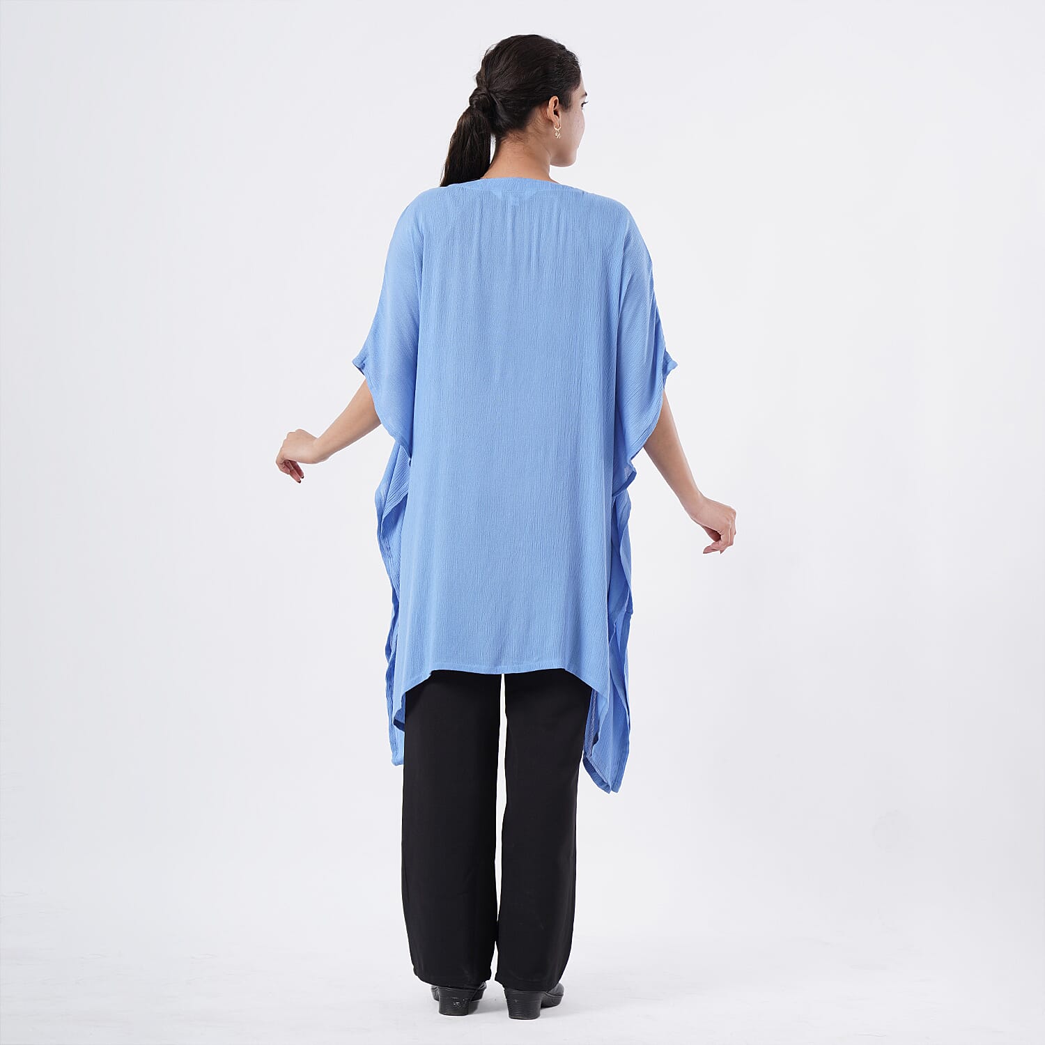 TAMSY Light Blue Embroidered Kaftan with Open Front Neck Tie - One Size Fits Most