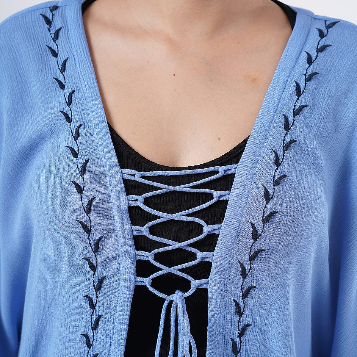 TAMSY Light Blue Embroidered Kaftan with Open Front Neck Tie - One Size Fits Most image number 6