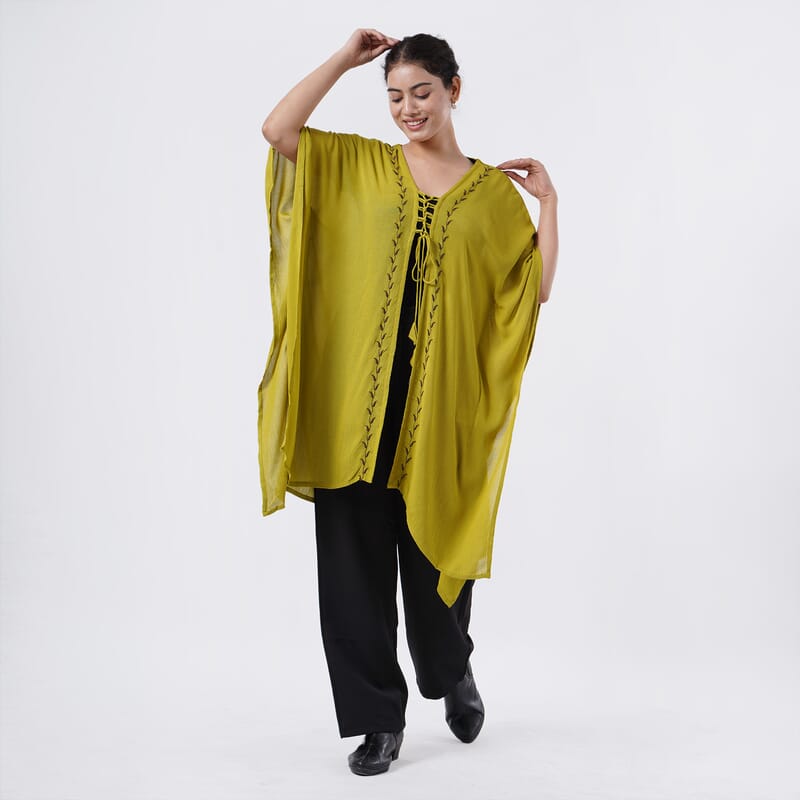 TAMSY Citrine Embroidered Kaftan with Open Front Neck Tie - One Size Fits Most