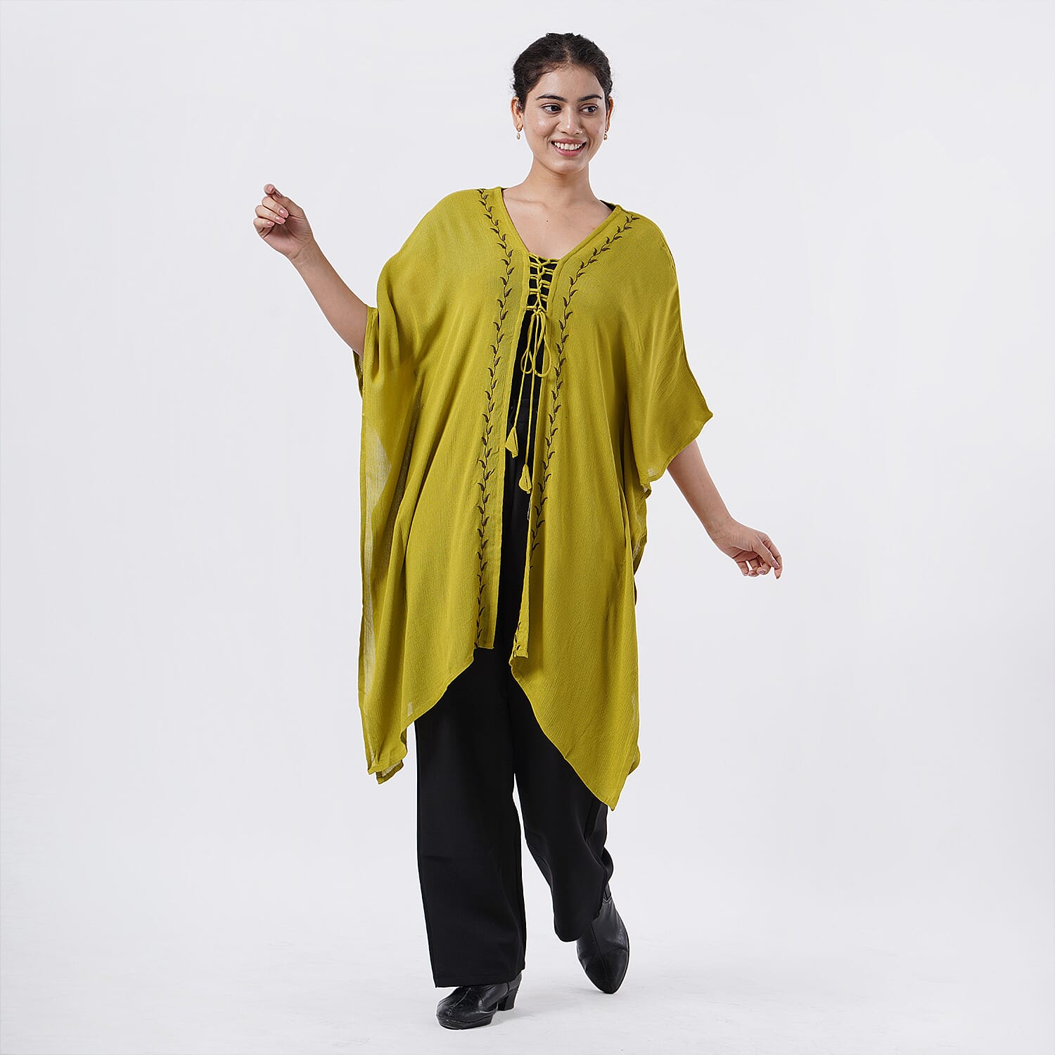 TAMSY Citrine Embroidered Kaftan with Open Front Neck Tie - One Size Fits Most