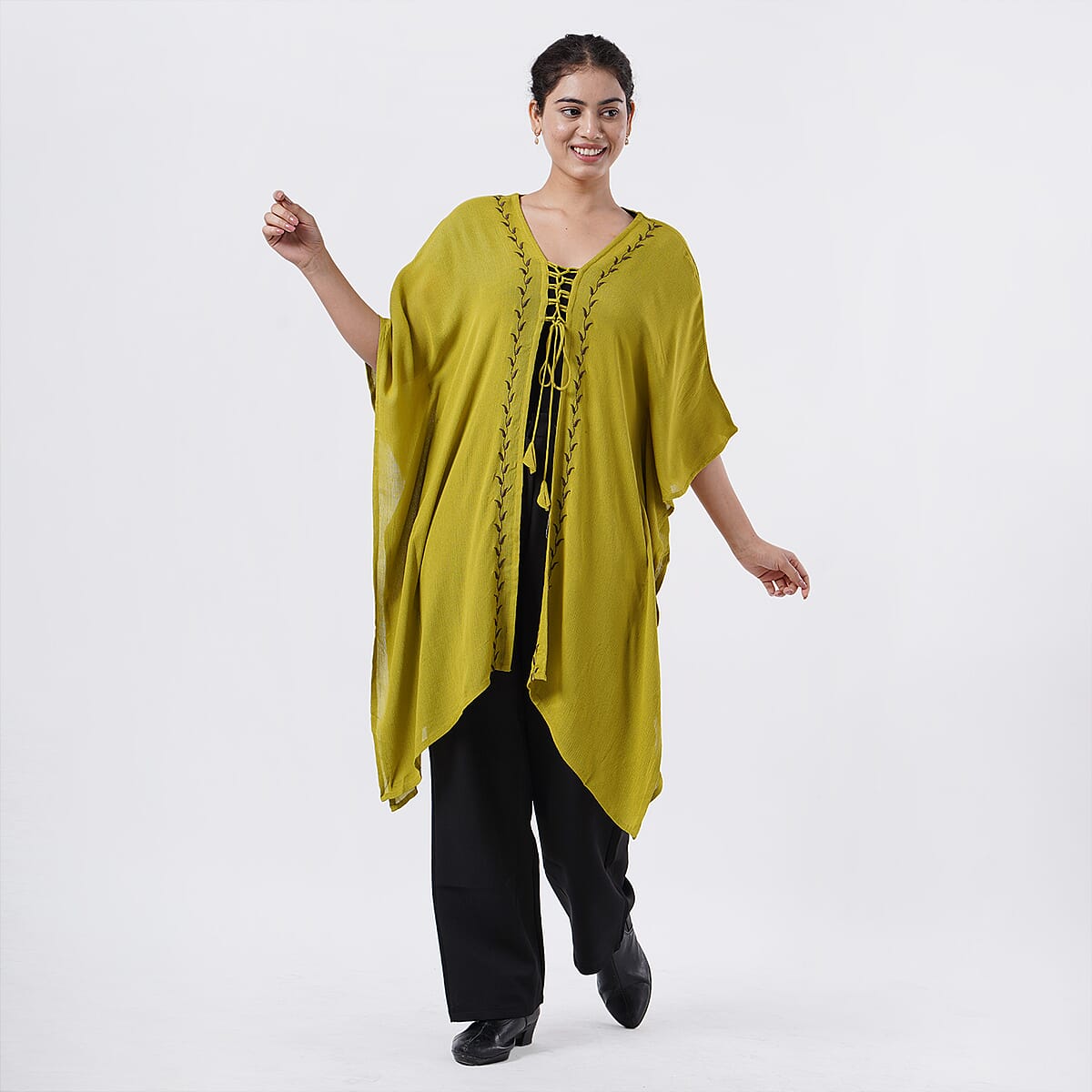 TAMSY Citrine Embroidered Kaftan with Open Front Neck Tie - One Size Fits Most image number 1