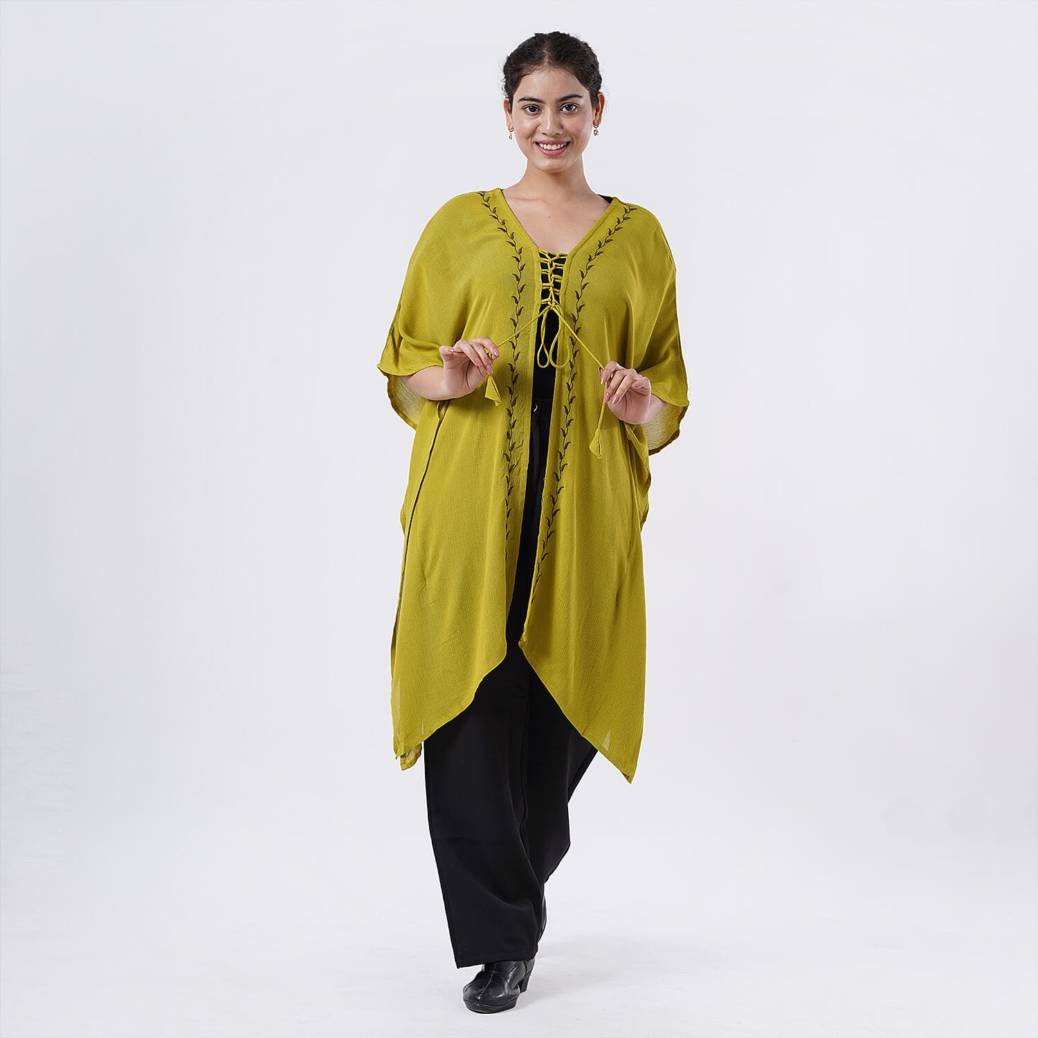 TAMSY Citrine Embroidered Kaftan with Open Front Neck Tie - One Size Fits Most