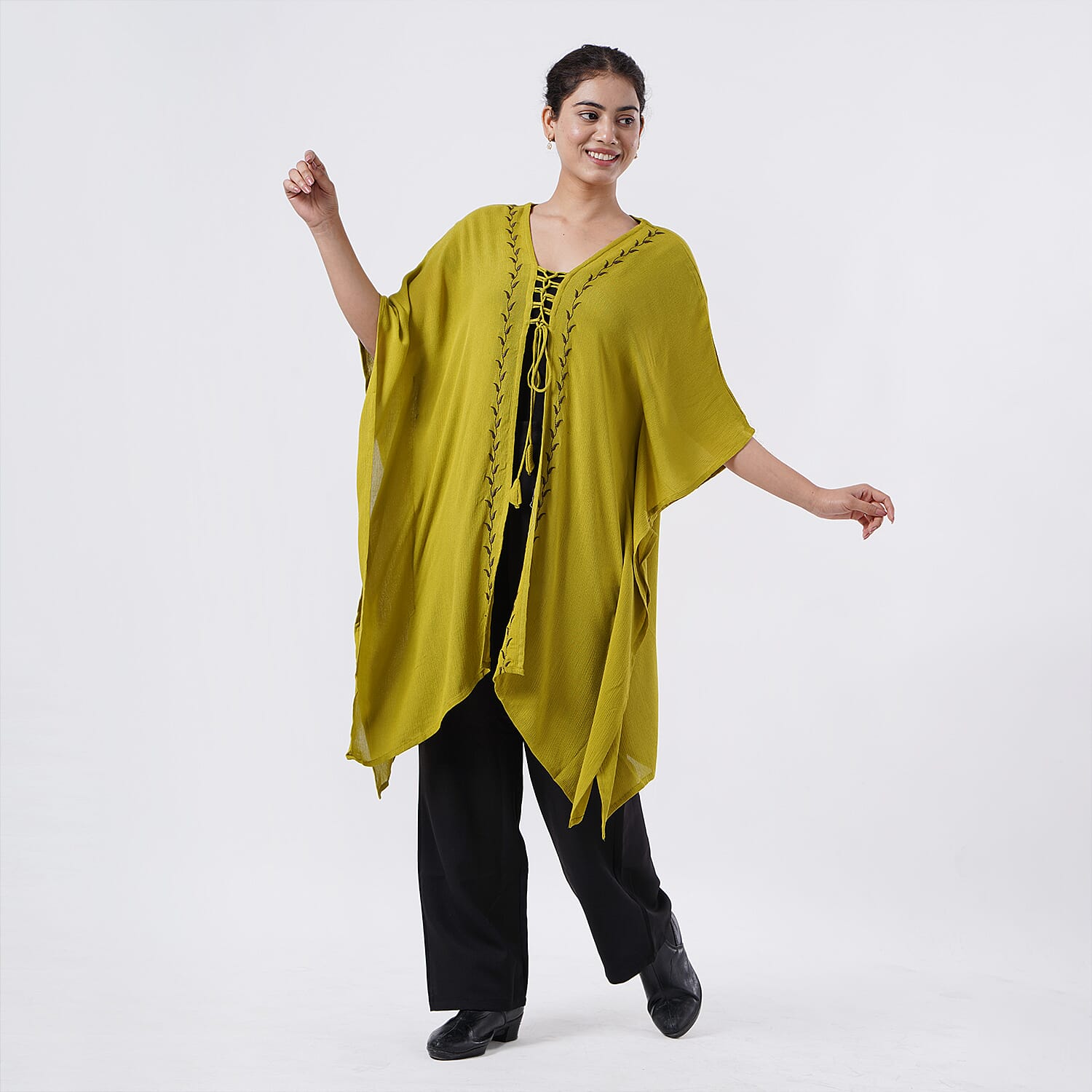 TAMSY Citrine Embroidered Kaftan with Open Front Neck Tie - One Size Fits Most