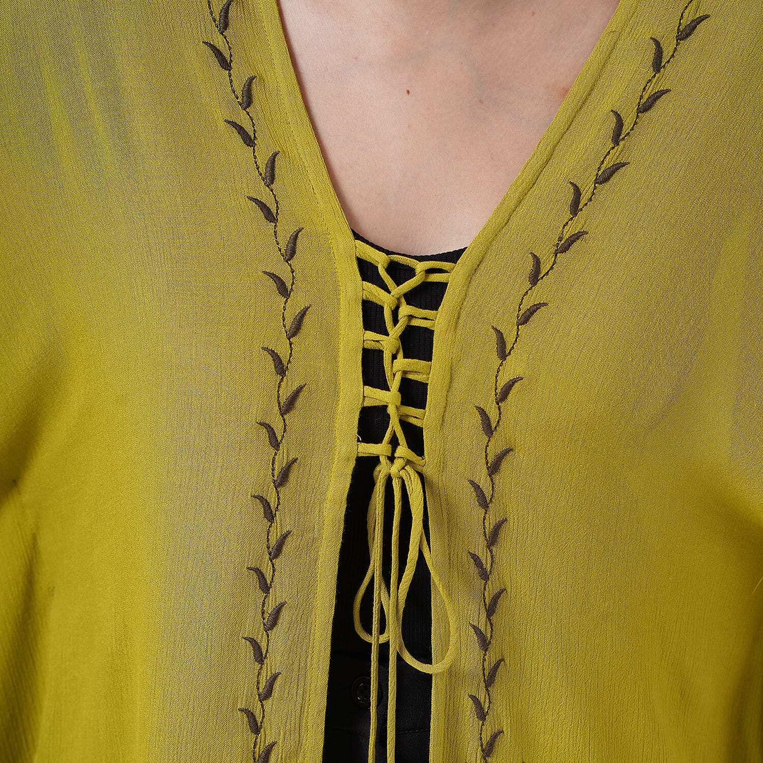 TAMSY Citrine Embroidered Kaftan with Open Front Neck Tie - One Size Fits Most