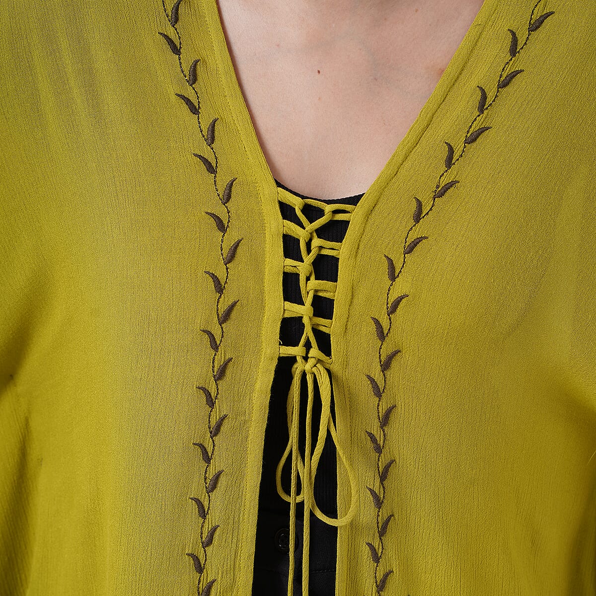 TAMSY Citrine Embroidered Kaftan with Open Front Neck Tie - One Size Fits Most image number 6