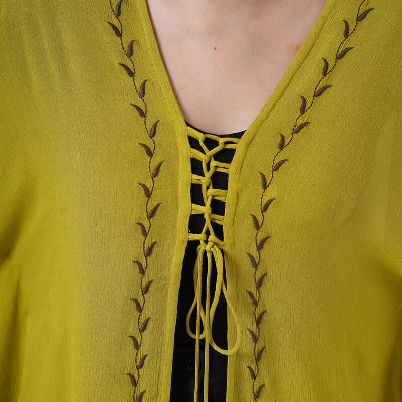 TAMSY Citrine Embroidered Kaftan with Open Front Neck Tie - One Size Fits Most