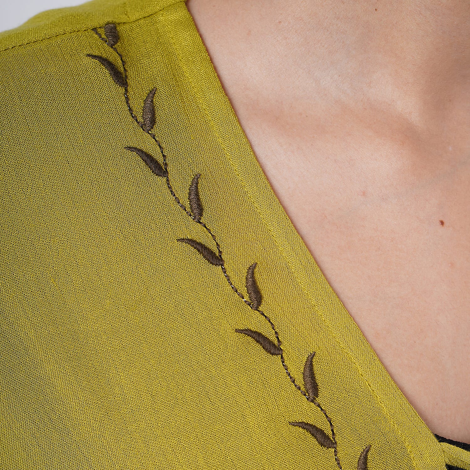 TAMSY Citrine Embroidered Kaftan with Open Front Neck Tie - One Size Fits Most