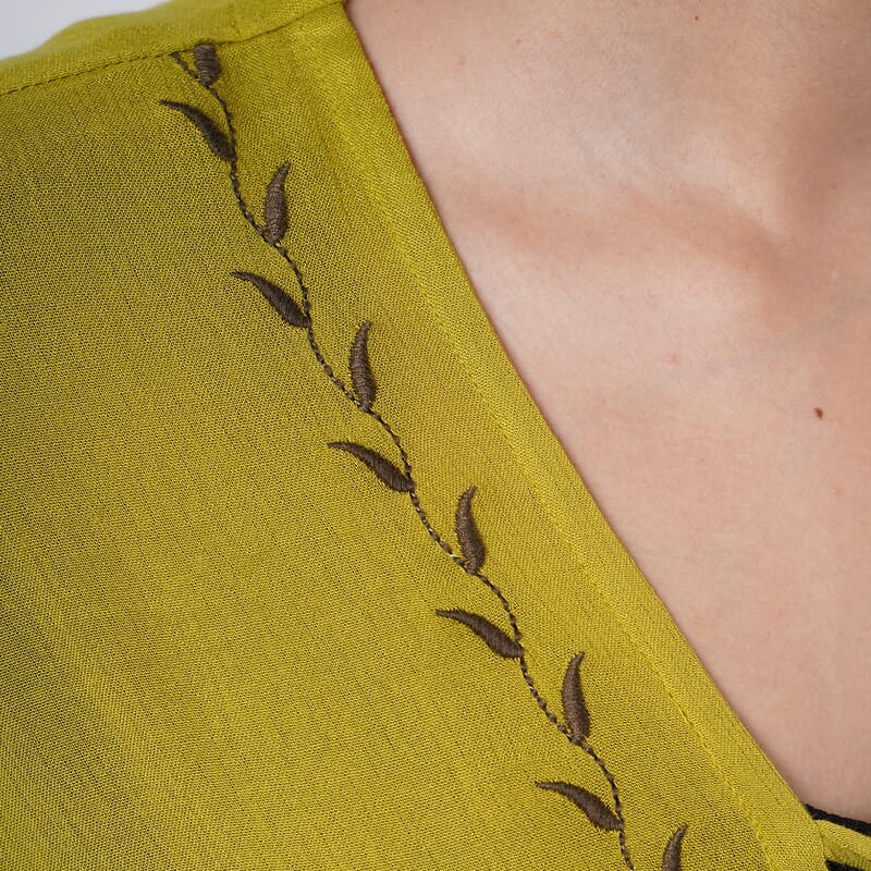 TAMSY Citrine Embroidered Kaftan with Open Front Neck Tie - One Size Fits Most