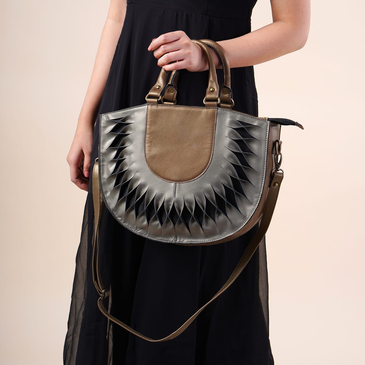 Copper Genuine Leather Handbag with Top Handle and Adjustable Shoulder Strap image number 2