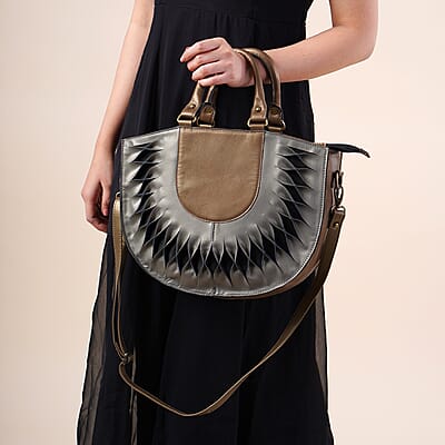 Copper Genuine Leather Handbag with Top Handle and Adjustable Shoulder Strap