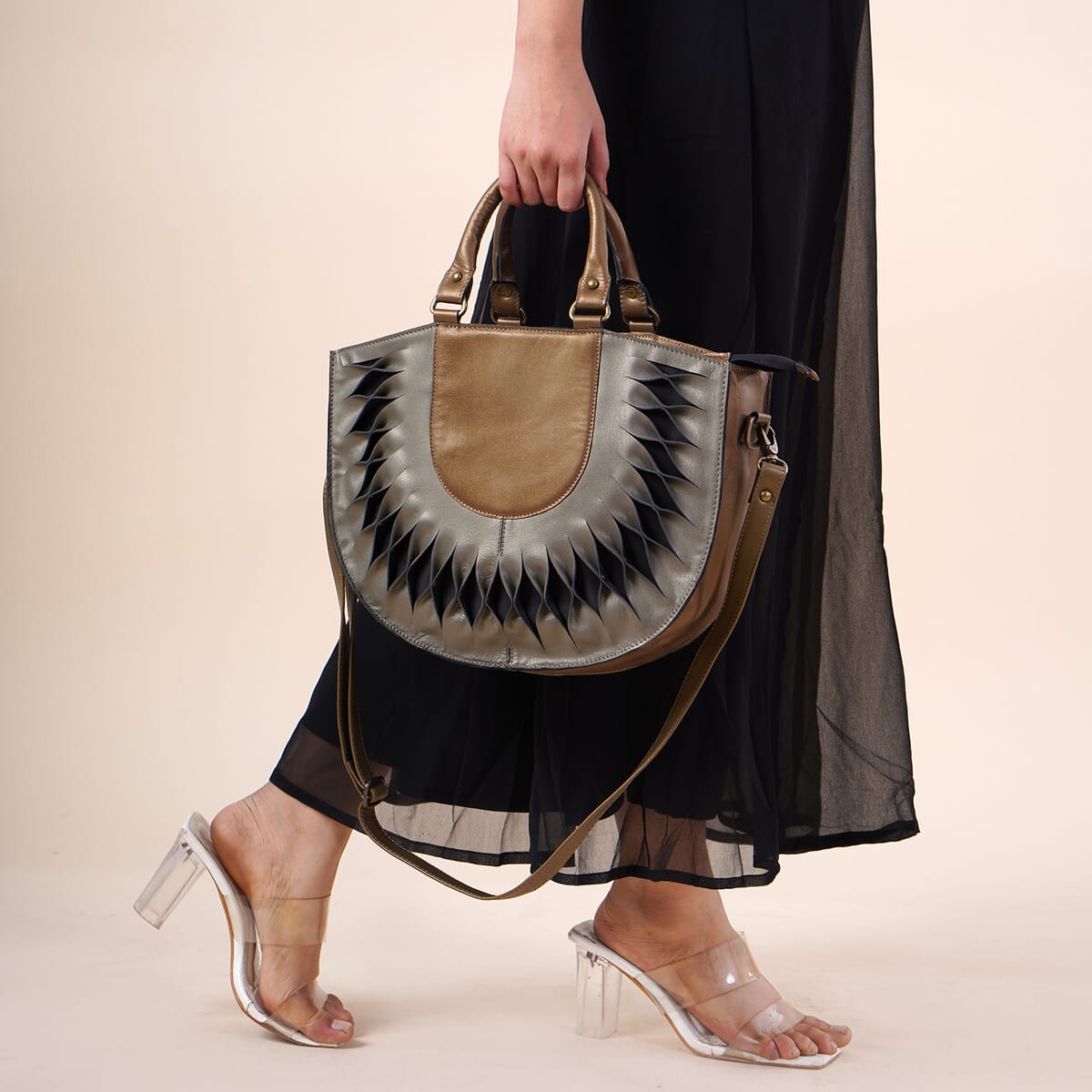 Copper Genuine Leather Handbag with Top Handle and Adjustable Shoulder Strap image number 3