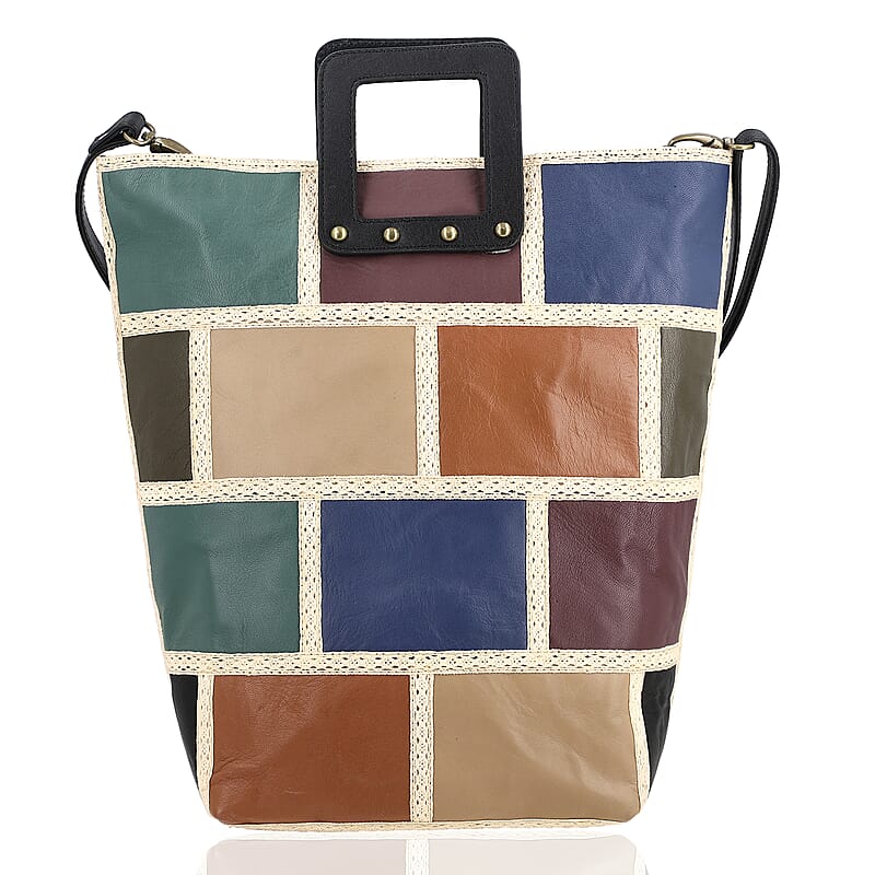 Multi Color Genuine Leather Handbag with Top Handle