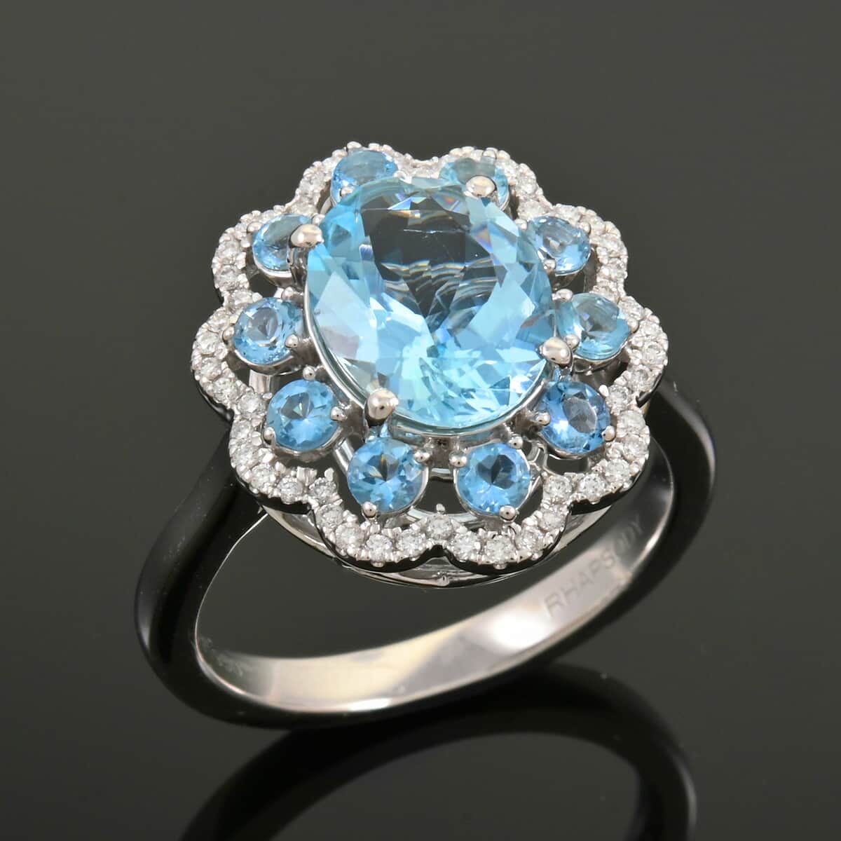 Certified & Appraised Rhapsody AAAA Santa Maria Aquamarine and E-F VS Diamond 3.10 ctw Ring in 950 Platinum (Size 10.0) 9 Grams image number 1