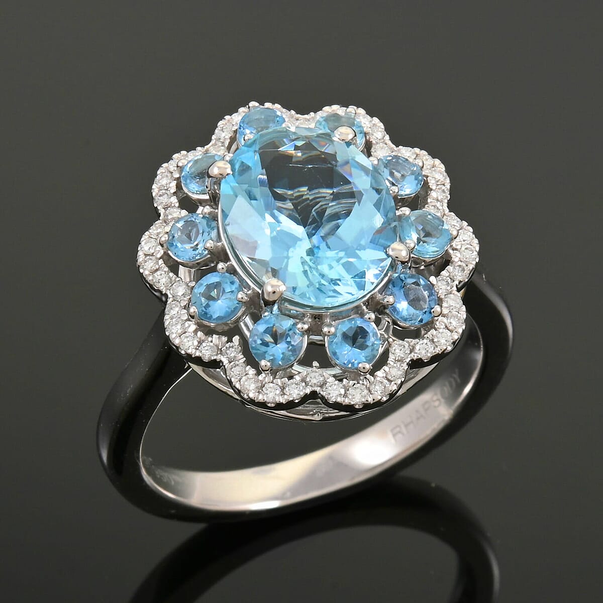 Certified & Appraised Rhapsody AAAA Santa Maria Aquamarine and E-F VS Diamond 3.10 ctw Ring in 950 Platinum (Size 6.5) 9 Grams image number 1