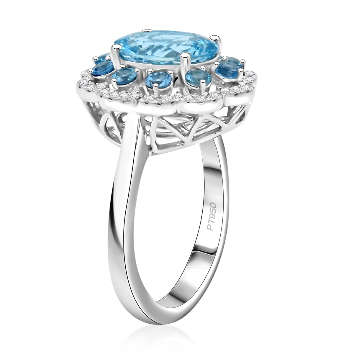 Certified & Appraised Rhapsody AAAA Santa Maria Aquamarine and E-F VS Diamond 3.10 ctw Ring in 950 Platinum (Size 9.0) 9 Grams image number 3