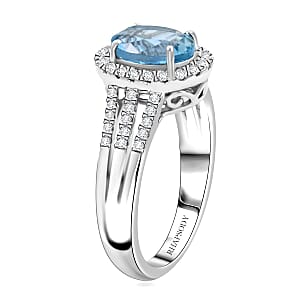 Certified & Appraised Rhapsody 950 Platinum AAAA Santa Maria Aquamarine, Diamond (E-F, VS) (0.39 cts) Ring (Size 5.0) (8.50 g) 2.05 ctw