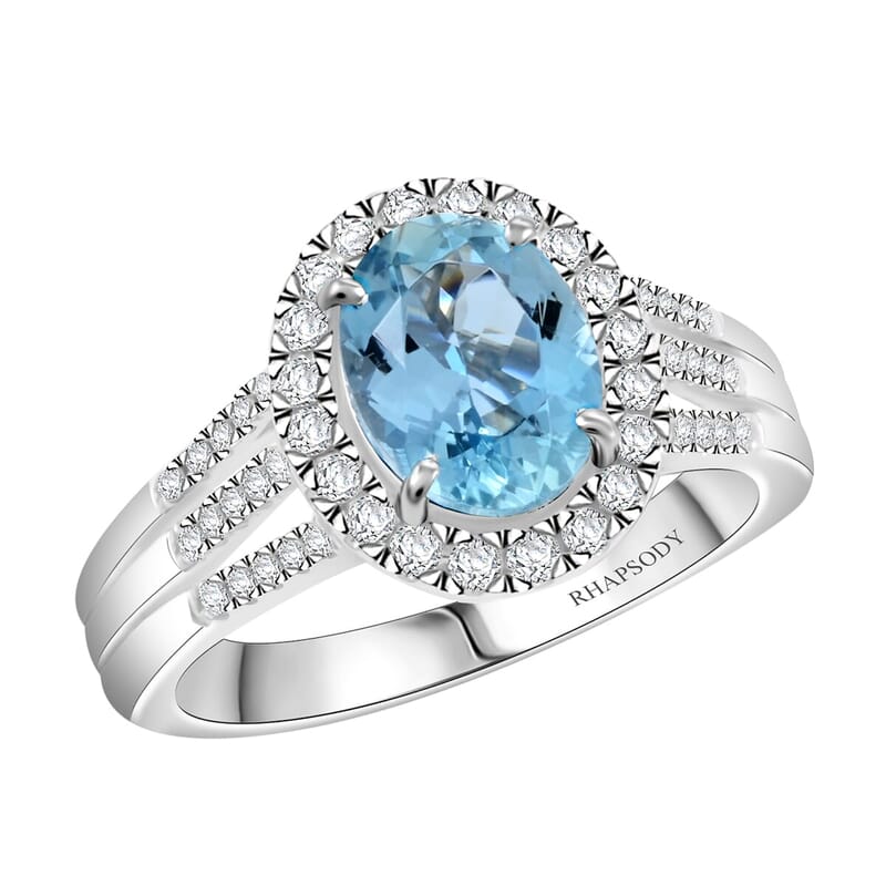 Certified & Appraised Rhapsody 950 Platinum AAAA Santa Maria Aquamarine, Diamond (E-F, VS) (0.39 cts) Ring (Size 6.5) (8.50 g) 2.05 ctw