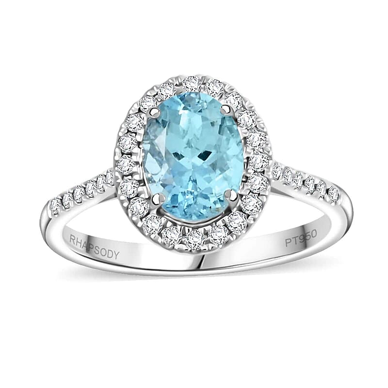 Certified & Appraised Rhapsody 950 Platinum AAAA Santa Maria Aquamarine, Diamond (E-F, VS) (0.34 cts) Ring (Size 11.0) (5.85 g) 2.25 ctw