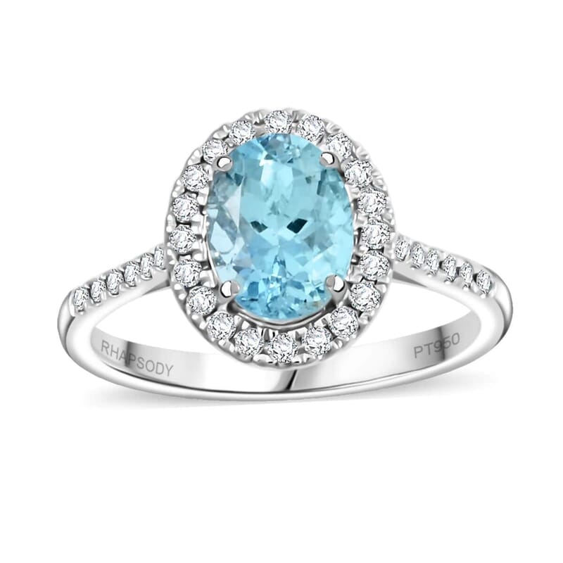 Certified & Appraised Rhapsody 950 Platinum AAAA Santa Maria Aquamarine, Diamond (E-F, VS) (0.34 cts) Ring (Size 5.0) (5.85 g) 2.25 ctw