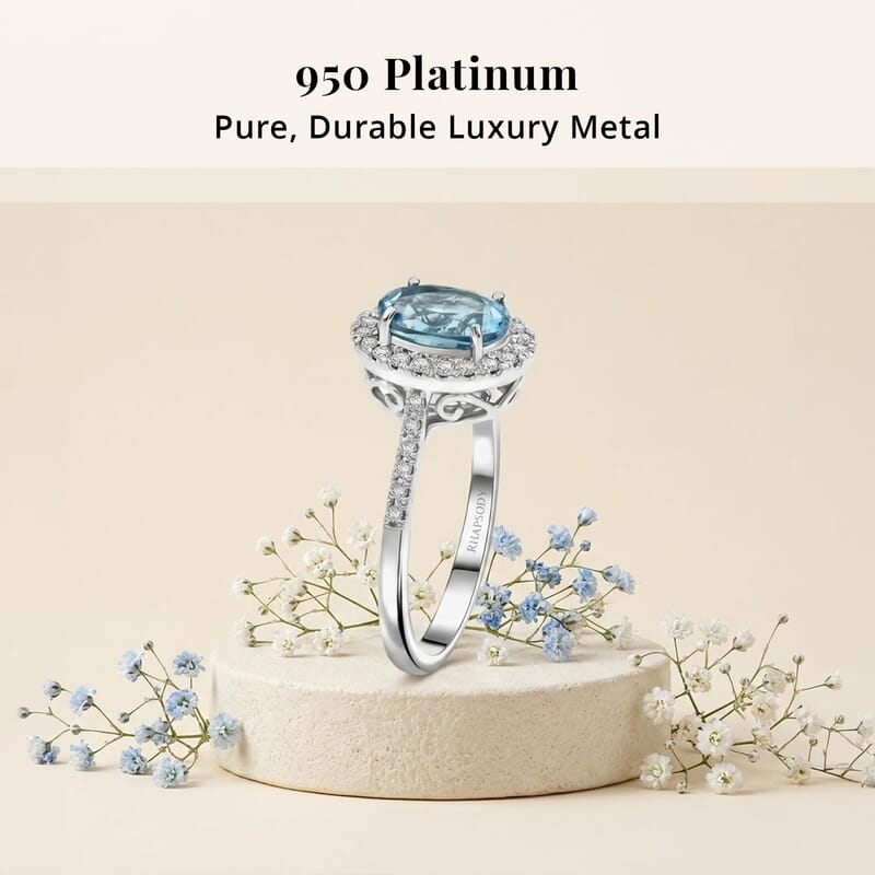 Rhapsody AAAA Santa Maria Aquamarine and E-F VS Diamond 2.25 ctw Ring in 950 Platinum (Size 6.0) 5.85 Grams