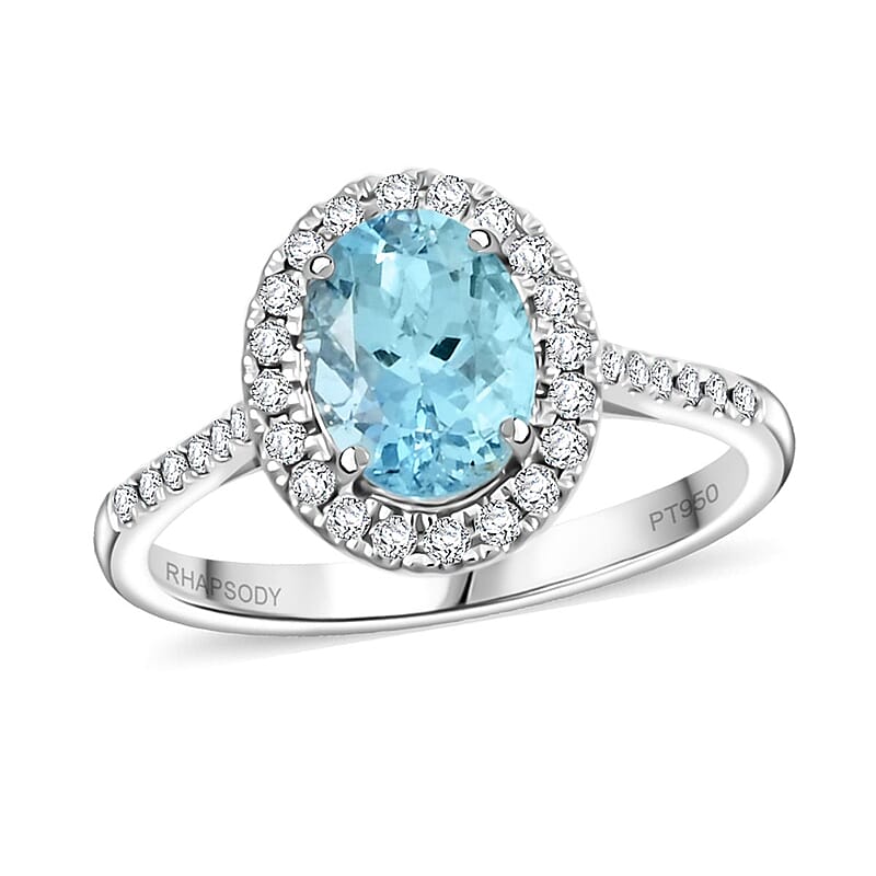Rhapsody AAAA Santa Maria Aquamarine and E-F VS Diamond 2.25 ctw Ring in 950 Platinum (Size 8.0) 5.85 Grams