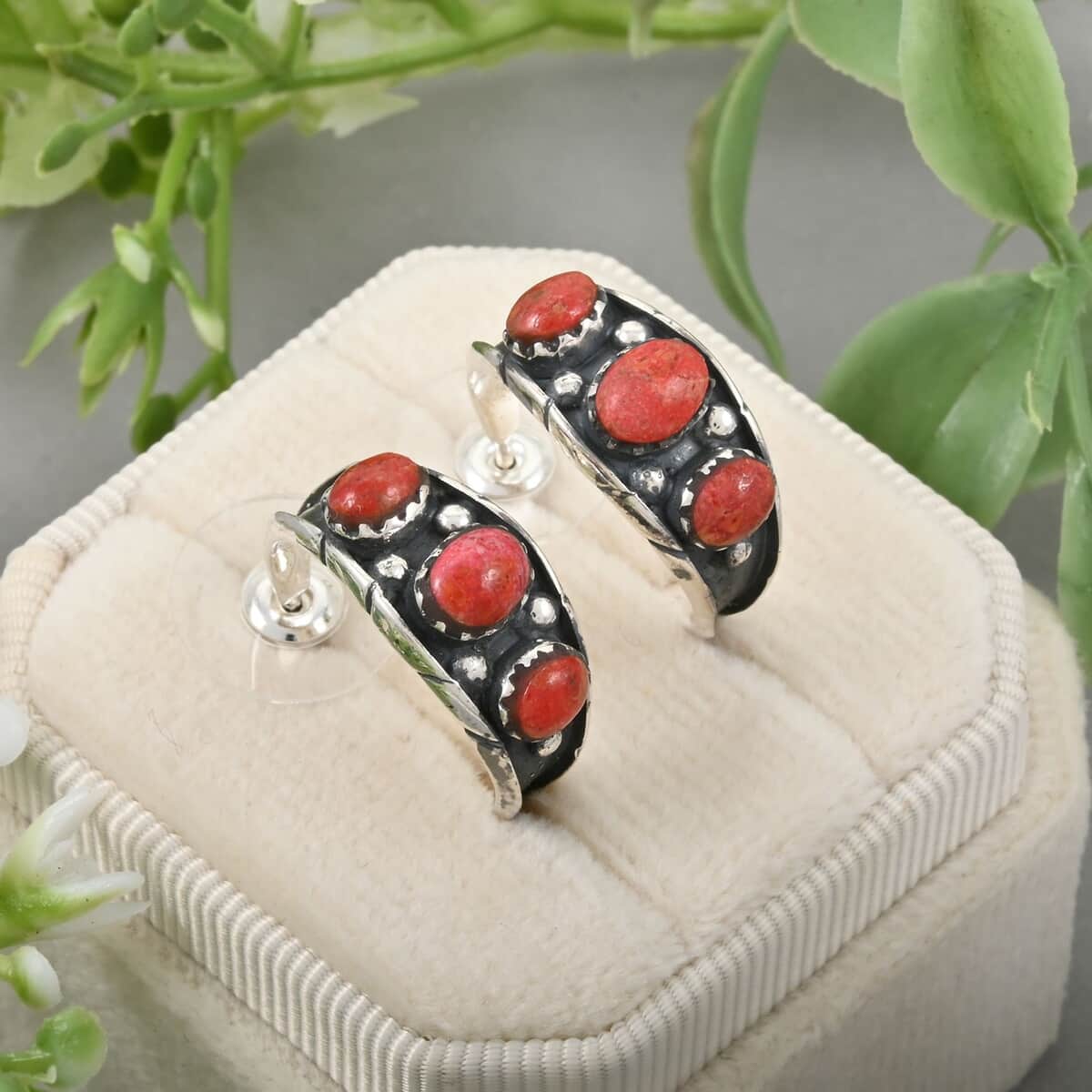 Santa Fe Style Red Coral Earrings in Sterling Silver image number 1