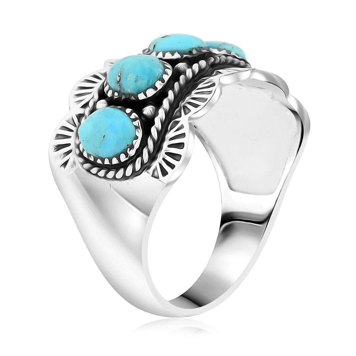 Santa Fe Style Kingman Turquoise 3.35 ctw 5 Stone Ring in Sterling Silver (Size 6.0) image number 3